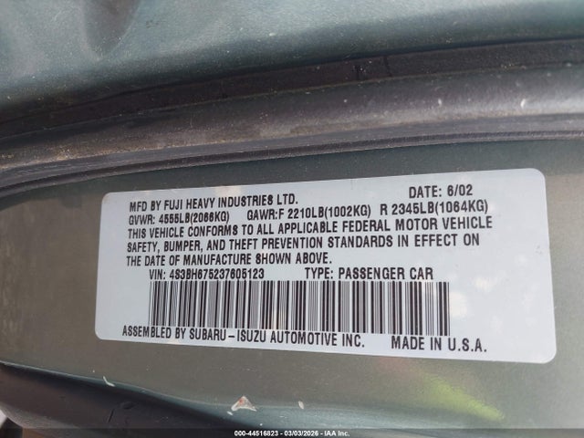44516823 :رقم المزاد ، 4S3BH675237605123 vin ، 2003 Subaru Outback مزاد بيع