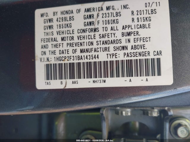 2011 Honda Accord 2.4 Lx მანქანა იყიდება აუქციონზე, vin: 1HGCP2F31BA143544, აუქციონის ნომერი: 44516831