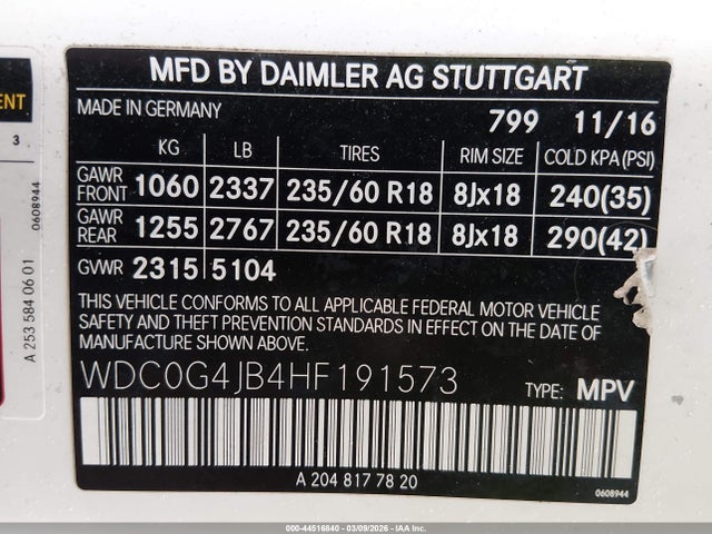 Aukcja sprzedaży 2017 Mercedes-benz Glc 300, vin: WDC0G4JB4HF191573, numer aukcji: 44516840