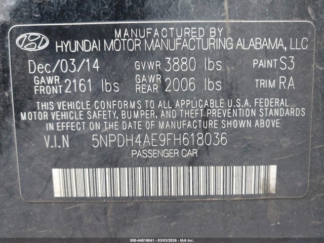 Hyundai ELANTRA SE 2015 5NPDH4AE9FH618036 Image 9