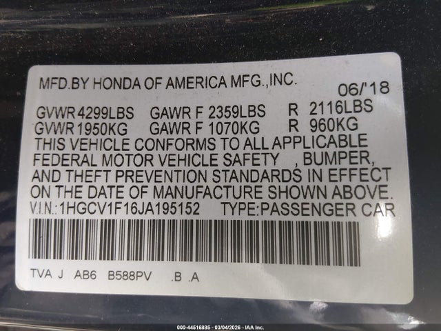 1HGCV1F16JA195152 Honda ACCORD LX