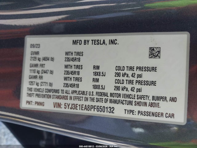 44516912 :رقم المزاد ، 5YJ3E1EA8PF650132 vin ، 2023 Tesla Model 3 Rear-wheel Drive مزاد بيع