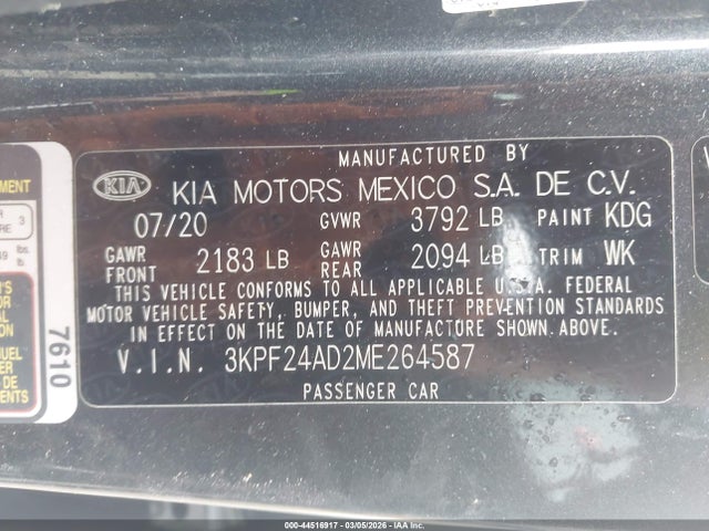 2021 Kia Forte Lxs მანქანა იყიდება აუქციონზე, vin: 3KPF24AD2ME264587, აუქციონის ნომერი: 44516917
