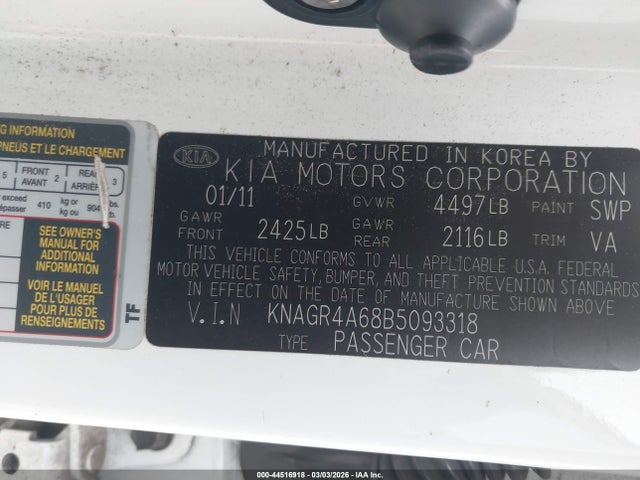 44516918 :رقم المزاد ، KNAGR4A68B5093318 vin ، 2011 Kia Optima Sx مزاد بيع