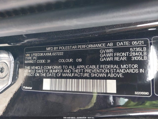 Aukcja sprzedaży 2021 Polestar 2 Launch Edition, vin: LPSED3KAXML027222, numer aukcji: 44516933