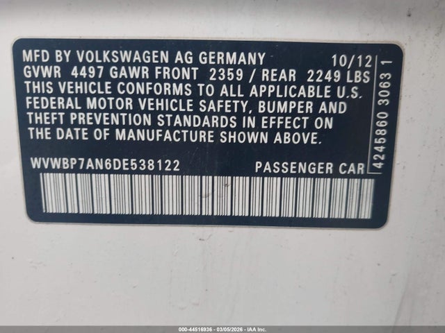 Aukcja sprzedaży 2013 Volkswagen Cc 2.0t Sport Plus, vin: WVWBP7AN6DE538122, numer aukcji: 44516936