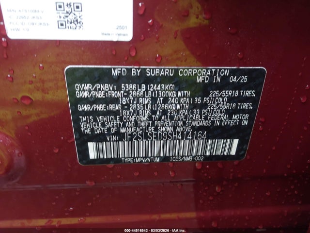 Aukcja sprzedaży 2025 Subaru Forester Premium Hybrid, vin: JF2SLSED9SH414164, numer aukcji: 44516942