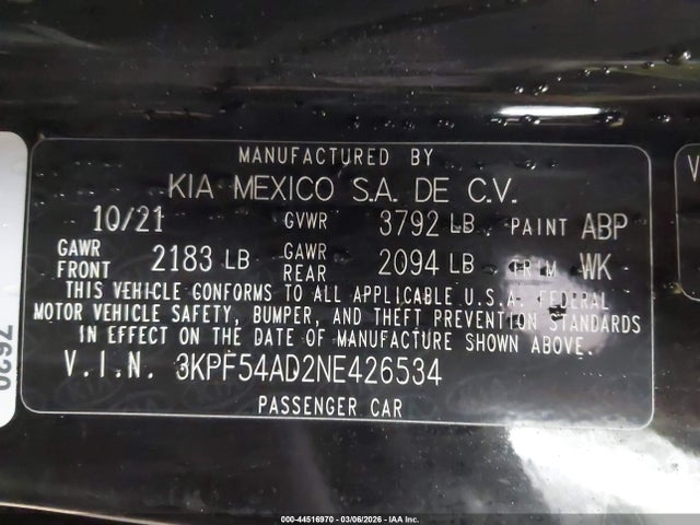 Продаж на аукціоні авто 2022 Kia Forte Gt-line, vin: 3KPF54AD2NE426534, номер лоту: 44516970
