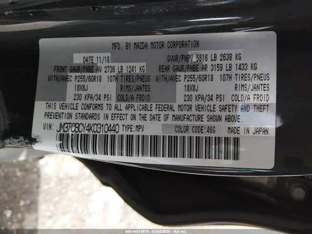 44516979 :رقم المزاد ، JM3TCBCY4K0310440 vin ، 2019 Mazda Cx-9 Touring مزاد بيع