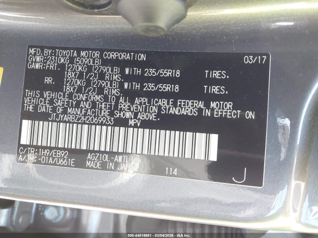 Aukcja sprzedaży 2017 Lexus Nx 200t F Sport, vin: JTJYARBZ2H2069933, numer aukcji: 44516981