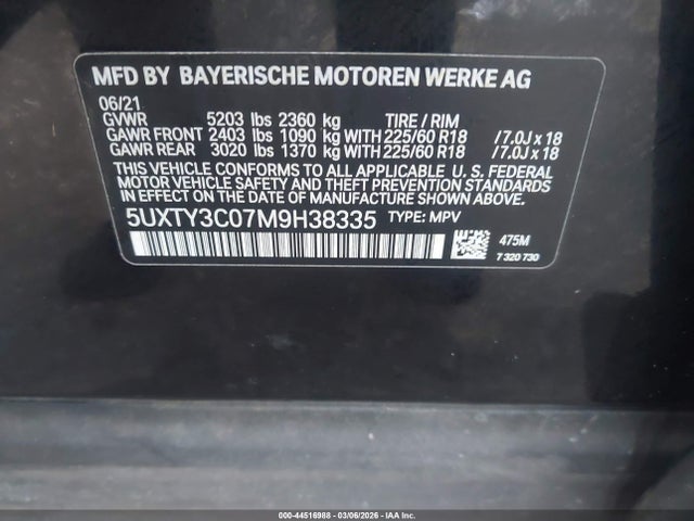 Aukcja sprzedaży 2021 Bmw X3 Sdrive30i, vin: 5UXTY3C07M9H38335, numer aukcji: 44516988