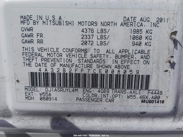 2012 MITSUBISHI GALANT 4A32B2FF7CE008059 Photo 8
