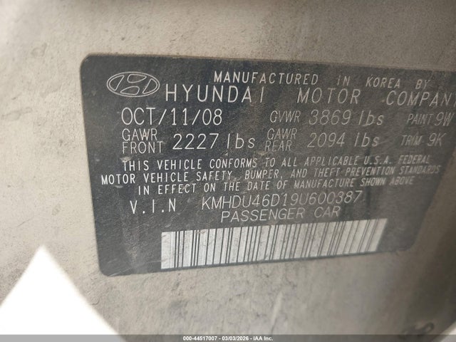 2009 Hyundai Elantra Gls მანქანა იყიდება აუქციონზე, vin: KMHDU46D19U600387, აუქციონის ნომერი: 44517007