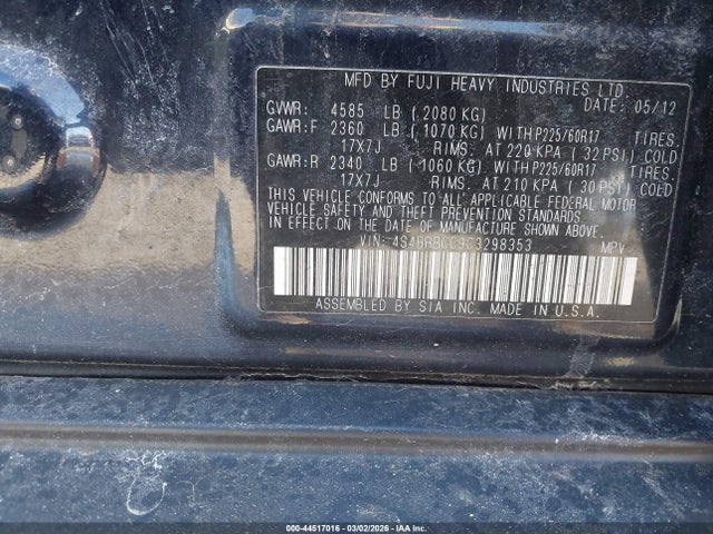 44517016 :رقم المزاد ، 4S4BRBCC9C3298353 vin ، 2012 Subaru Outback 2.5i Premium مزاد بيع