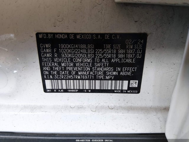 3CZRZ2H57RM769771 Honda Hr-v Awd Sport/awd Sport W/o Bsi