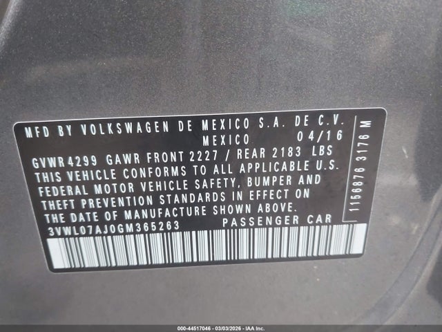 Aukcja sprzedaży 2016 Volkswagen Jetta 1.8t Sel, vin: 3VWL07AJ0GM365263, numer aukcji: 44517046