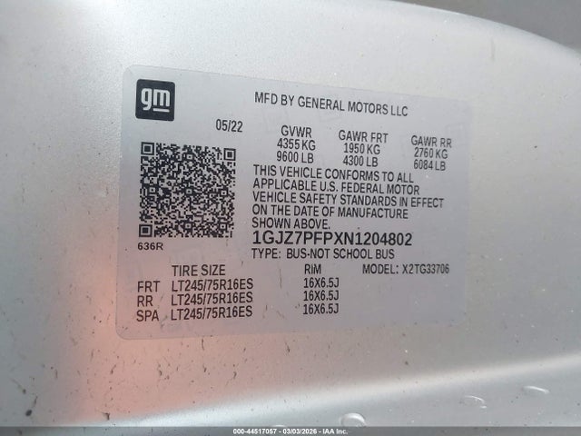 44517057 :رقم المزاد ، 1GJZ7PFPXN1204802 vin ، 2022 Gmc Savana Passenger Rwd 3500 Extended Wheelbase Lt مزاد بيع