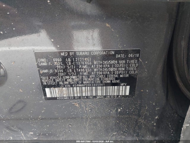 44517060 :رقم المزاد ، 4S4WMAPDXK3405941 vin ، 2019 Subaru Ascent Limited مزاد بيع