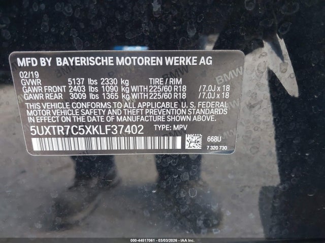 44517061 :رقم المزاد ، 5UXTR7C5XKLF37402 vin ، 2019 Bmw X3 Sdrive30i مزاد بيع