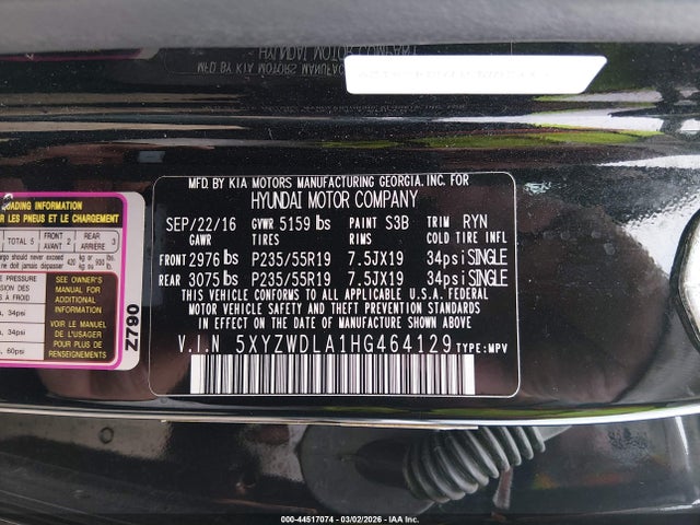 5XYZWDLA1HG464129 Hyundai Santa Fe Sport 2.0t Ultimate