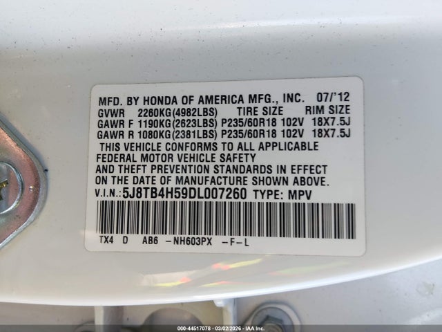 Aukcja sprzedaży 2013 Acura Rdx, vin: 5J8TB4H59DL007260, numer aukcji: 44517078