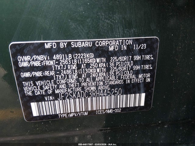 Продаж на аукціоні авто 2024 Subaru Forester Premium, vin: JF2SKADC3RH445250, номер лоту: 44517087