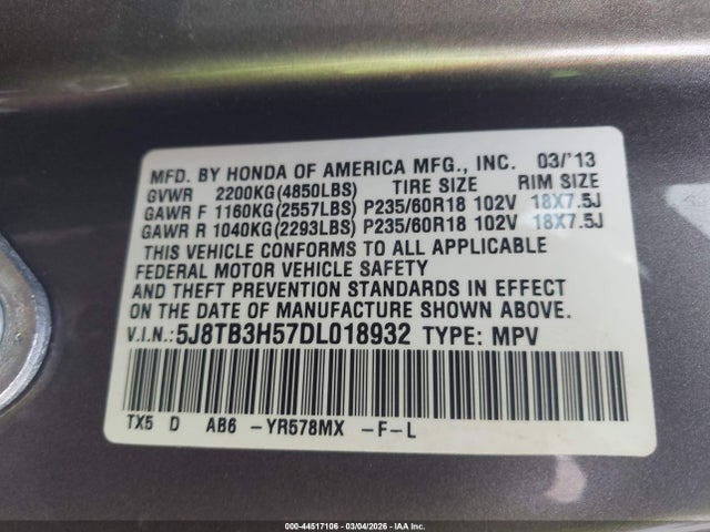 44517106 :رقم المزاد ، 5J8TB3H57DL018932 vin ، 2013 Acura Rdx مزاد بيع
