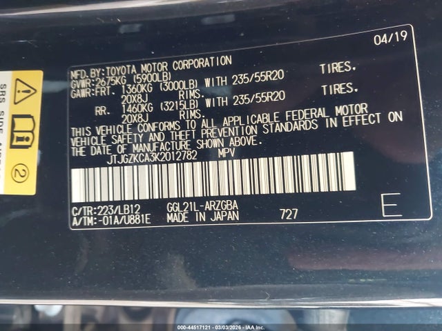 44517121 :رقم المزاد ، JTJGZKCA3K2012782 vin ، 2019 Lexus Rx 350l Premium مزاد بيع