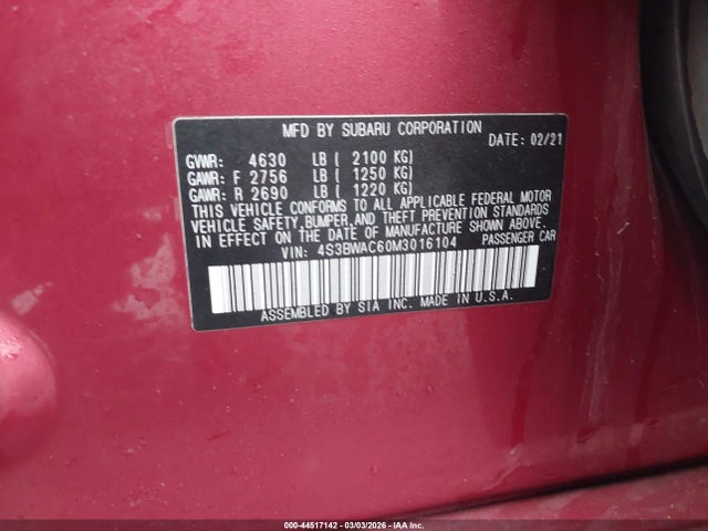 Продажа на аукционе авто 2021 Subaru Legacy Premium, vin: 4S3BWAC60M3016104, номер лота: 44517142
