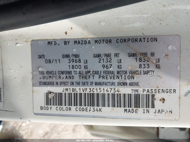 Aukcja sprzedaży 2012 Mazda Mazda3 I Touring, vin: JM1BL1VF3C1514734, numer aukcji: 44517153