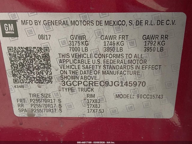 3GCPCREC9JG145970 Chevrolet Silverado 1500 1lt