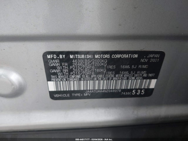 JA4ATUAA4NZ048978 Mitsubishi Eclipse Cross Es S-awc
