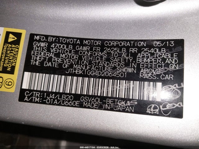 Aukcja sprzedaży 2013 Lexus Es 350, vin: JTHBK1GG4D2064501, numer aukcji: 44517184
