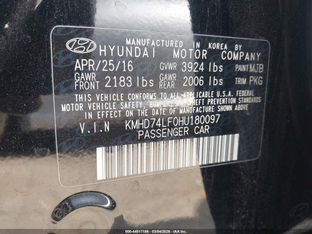 2017 Hyundai Elantra Se მანქანა იყიდება აუქციონზე, vin: KMHD74LF0HU180097, აუქციონის ნომერი: 44517186