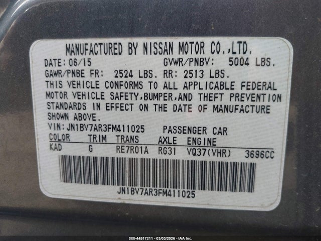 Продаж на аукціоні авто 2015 Infiniti Q50, vin: JN1BV7AR3FM411025, номер лоту: 44517211