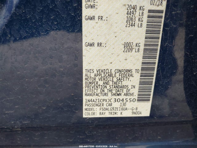 Продаж на аукціоні авто 2018 Nissan Leaf Sl, vin: 1N4AZ1CPXJC304550, номер лоту: 44517235