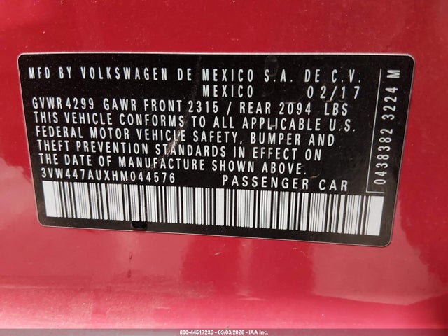 44517236 :رقم المزاد ، 3VW447AUXHM044576 vin ، 2017 Volkswagen Golf Gti Autobahn 4-door/s 4-door/se 4-door/sport 4-door مزاد بيع