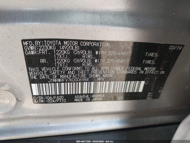 JTMRWRFV7KD006984 Toyota Rav4 Hybrid Xle