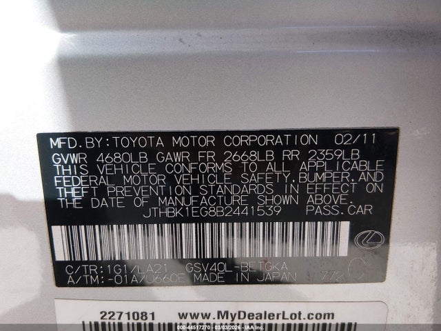 Продажа на аукционе авто 2011 Lexus Es 350, vin: JTHBK1EG8B2441539, номер лота: 44517270