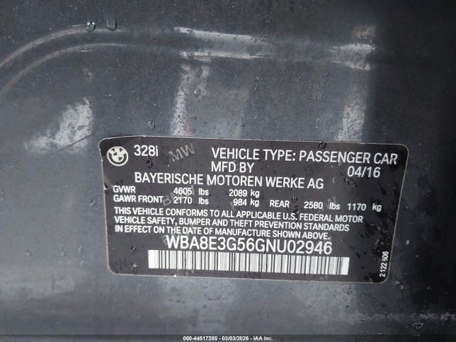 44517285 :رقم المزاد ، WBA8E3G56GNU02946 vin ، 2016 Bmw 328i Xdrive مزاد بيع