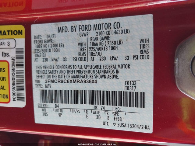 3FMCR9C6XMRA93604 Ford Bronco Sport Outer Banks