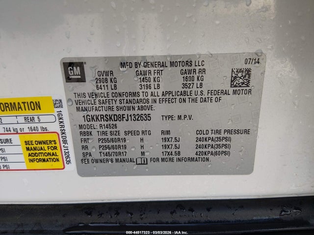 Aukcja sprzedaży 2015 Gmc Acadia Slt-2, vin: 1GKKRSKD8FJ132635, numer aukcji: 44517323