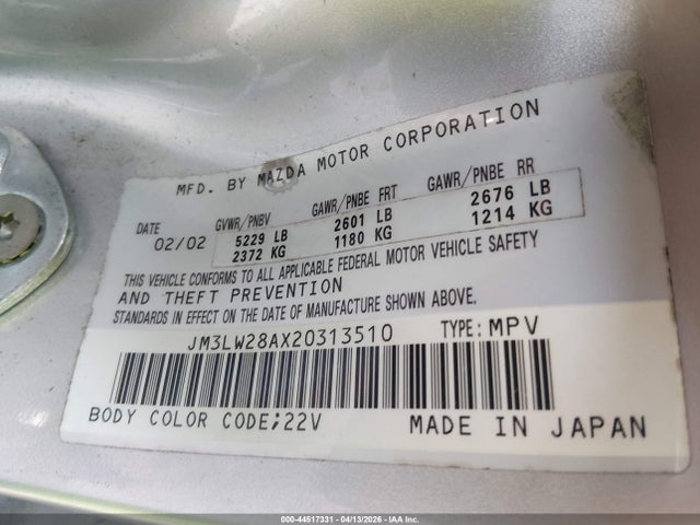 Продажа на аукционе авто 2002 Mazda Mpv Es/lx, vin: JM3LW28AX20313510, номер лота: 44517331