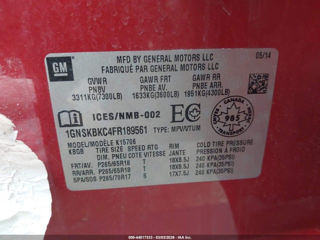 1GNSKBKC4FR189561 Chevrolet Tahoe Lt