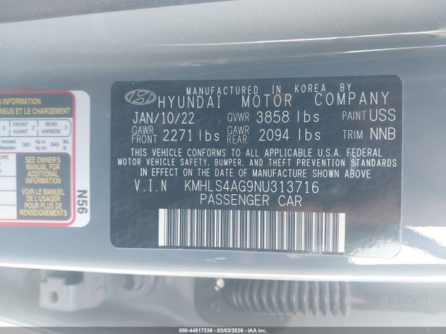 Продаж на аукціоні авто 2022 Hyundai Elantra Sel, vin: KMHLS4AG9NU313716, номер лоту: 44517336