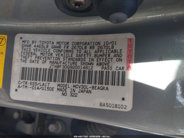 44517338 :رقم المزاد ، JTHBF30G920014812 vin ، 2002 Lexus Es 300 مزاد بيع