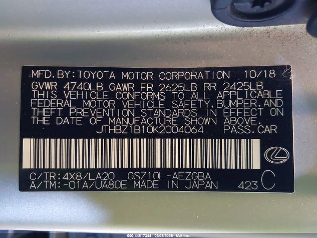 Aukcja sprzedaży 2019 Lexus Es 350, vin: JTHBZ1B10K2004064, numer aukcji: 44517344
