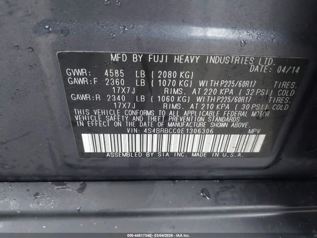 44517348 :رقم المزاد ، 4S4BRBCC0E1306306 vin ، 2014 Subaru Outback 2.5i Premium مزاد بيع