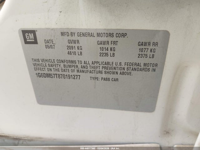 Продаж на аукціоні авто 2007 Cadillac Cts Standard, vin: 1G6DM57T870191277, номер лоту: 44517365