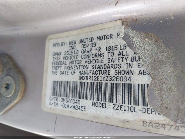 44517366 :رقم المزاد ، 1NXBR12E1YZ326094 vin ، 2000 Toyota Corolla Le مزاد بيع